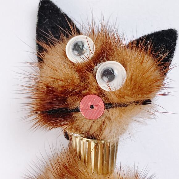 VTG Mid Century Brooch Mink Fur Cat Halloween Kitsch Googly Eyes Novelty Pin - Picture 2 of 7